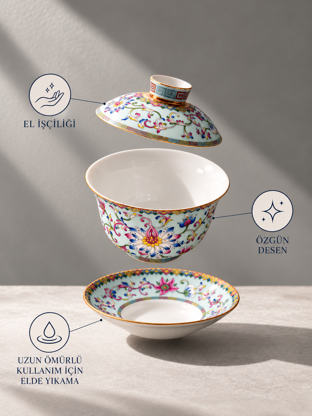 İşlemeli Kapaklı Çay Kasesi (Gaiwan)